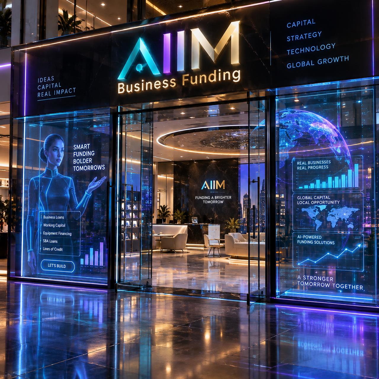 Futuristic AIIM Business Funding storefront with transparent LED windows, door and holograms